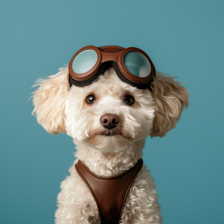 Adorable fluffy dog wearing retro aviator gogglesの素材