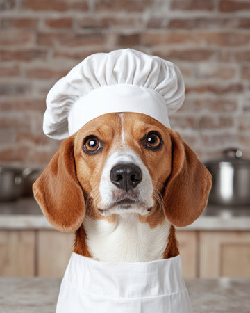 adorable beagle dog wearing chef's hat and apronの素材
