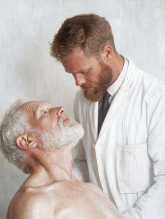 doctor examining elderly patient in medical officeの素材