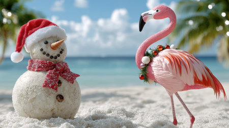 festive flamingo and snowman on tropical beachの素材