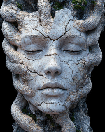 Weathered stone face with cracked textureの素材