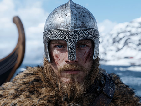 Viking warrior with ornate helmet and fur coatの素材