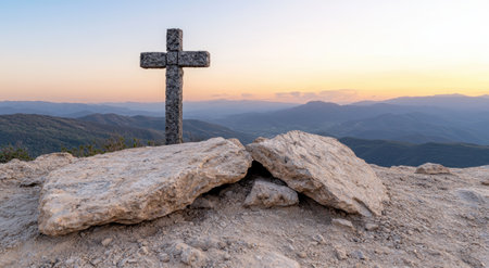 Cross on rocky mountain peak at sunsetの素材