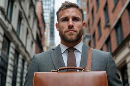 Confident businessman with briefcase in urban alleyの素材