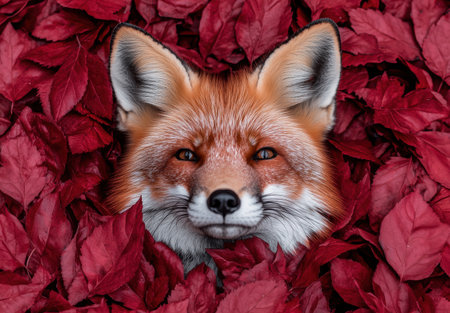 Curious fox peeking through autumn leavesの素材