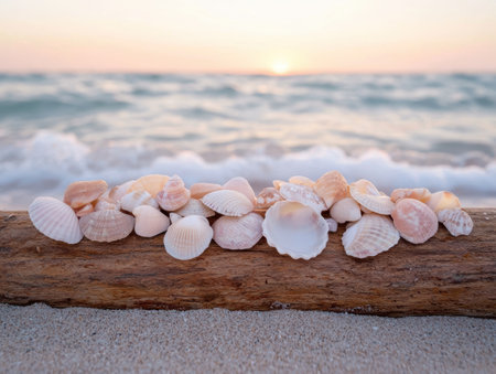 seashells on wooden log at sunset beachの素材