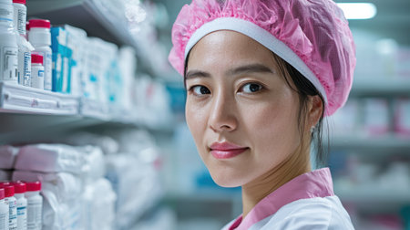 asian woman in medical uniform working in pharmacyの素材