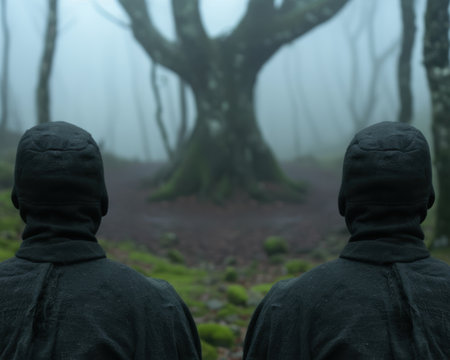 Mysterious figures in a foggy forestの素材