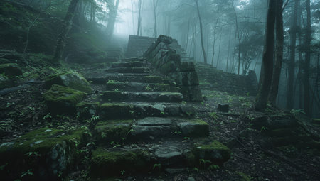 Mysterious moss-covered stone steps in a misty forestの素材