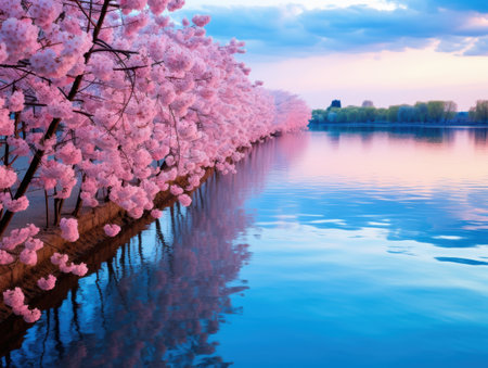 Serene cherry blossom lake landscapeの素材
