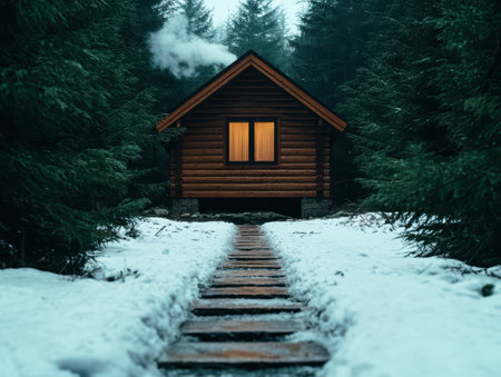 cozy winter cabin in the snowy forestの素材