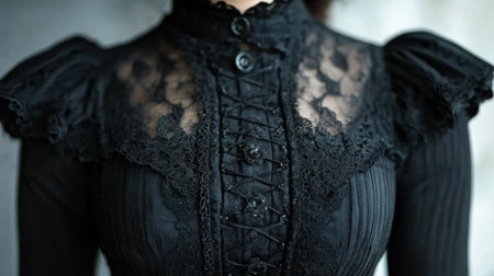 Intricate black lace dress with ornate detailsの素材