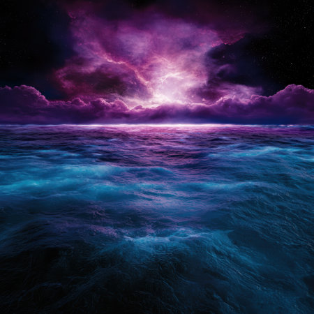 Dramatic stormy ocean landscape with vibrant purple cloudsの素材