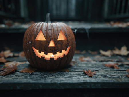 Carved pumpkin with glowing eyes and mouth on wooden surfaceの素材