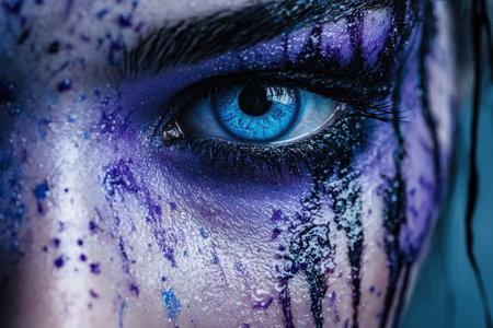 Dramatic close-up of a blue eye with water dropletsの素材