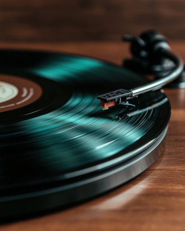 Vintage vinyl record player spinning a turquoise vinyl recordの素材