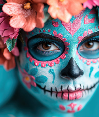 Colorful face art with floral elementsの素材
