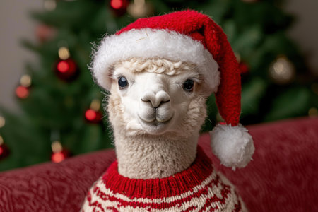 cute christmas llama in red santa hatの素材