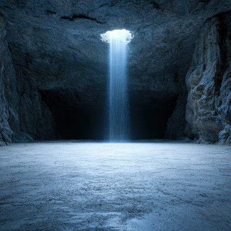 Mystical underground waterfall in a dark caveの素材