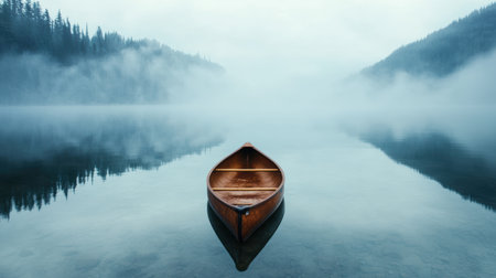 Serene wooden boat on misty lakeの素材