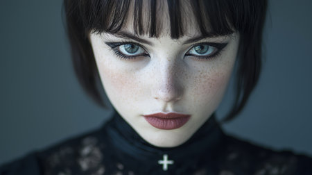 Intense gaze of a young woman with dark hairの素材