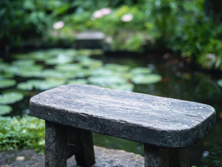 stone bench in lush gardenの素材