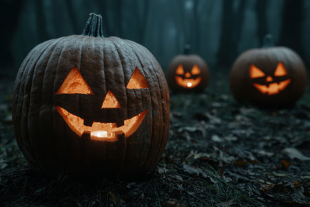 Spooky jack-o'-lanterns in a dark forestの素材
