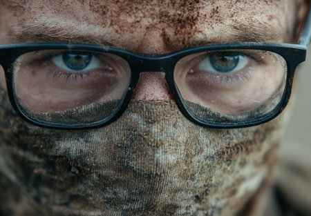 close-up of person's face wearing glassesの素材
