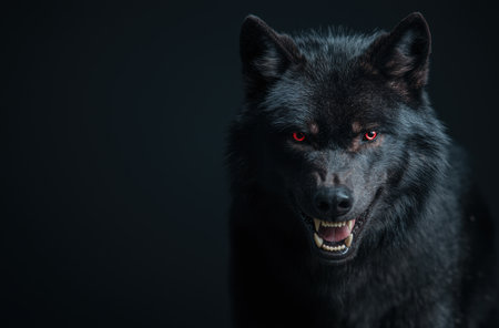 Fierce black wolf with glowing red eyesの素材