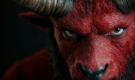 Intense close-up of a demonic red creatureの素材