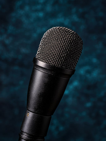close-up of a professional microphone against a dark backgroundの素材