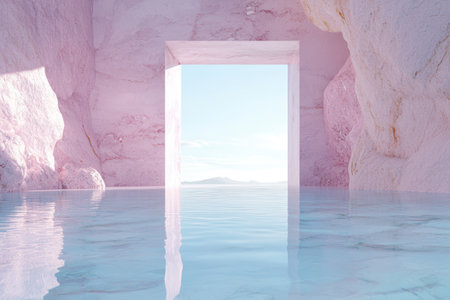 serene pink marble cave with tranquil blue watersの素材