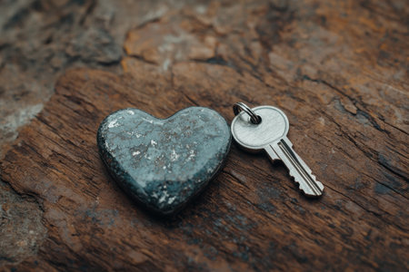 Heart-shaped stone with a key on a wooden surfaceの素材