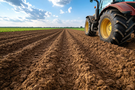 Tractor plowing agricultural field with cloudy skyの素材