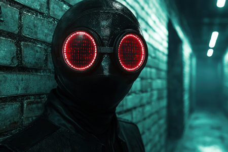 Futuristic cyborg with glowing red eyesの素材