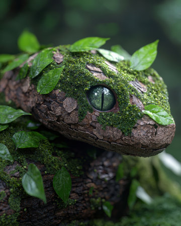 Closeup of a mossy tree frog with a vibrant green eyeの素材