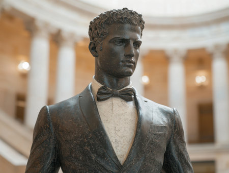 Detailed bronze statue of a man in a suit with a bow tieの素材