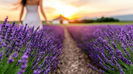 woman in lavender field at sunsetの素材
