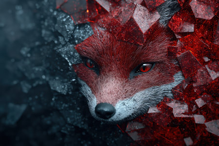Fierce red fox with glowing eyes and shattered glassの素材