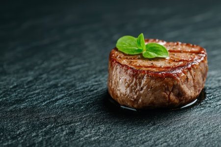 Delicious grilled steak with fresh basil garnishの素材