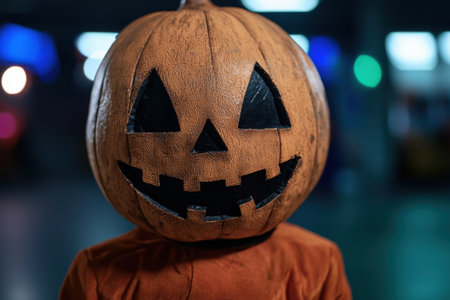 Spooky jack-o'-lantern pumpkin with carved faceの素材
