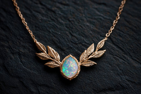 Elegant gold feather necklace with opal gemstoneの素材