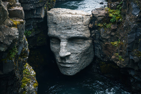 Mysterious stone face carved into rocky cliff overlooking turbulent watersの素材