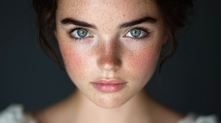 Captivating portrait of a young woman with striking green eyes and freckled skinの素材