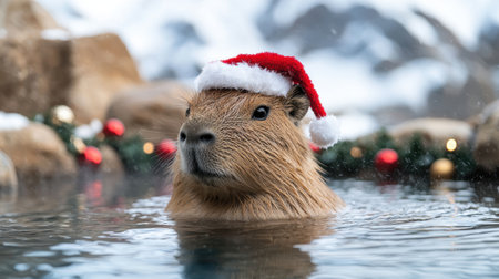 cute capybara in santa hat swimming in hot springsの素材