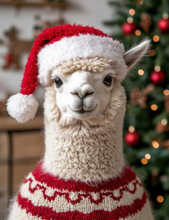 Adorable alpaca wearing a festive santa hatの素材