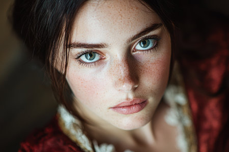 Closeup portrait of a young woman with striking blue eyes and frecklesの素材