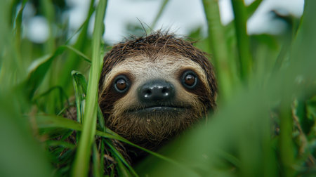 close-up of a curious sloth peeking through the leavesの素材
