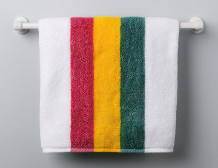 Colorful striped towel hanging on a towel rackの素材