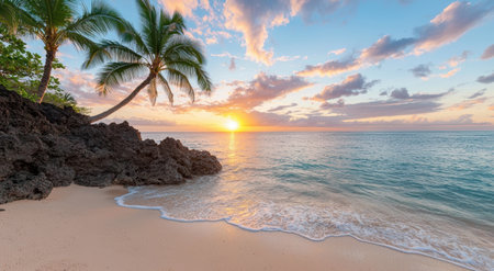 Stunning tropical beach sunset with palm treesの素材
